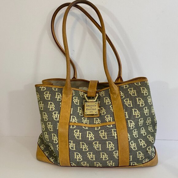 Vintage Dooney & Bourke Canvas Monogram Tote Shoulder Bag Satchel Tan Grey - Picture 1 of 11